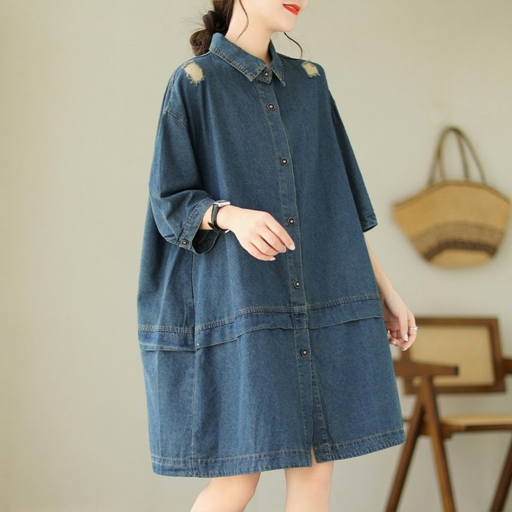 Denim Midi Dress with Half Sleeves, Vintage Denim Dress